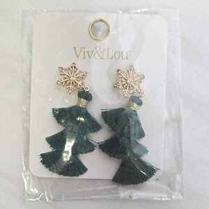 Viv &‎ Lou Green Let It Snow Christmas Earrings, Gold Tone and Green, New